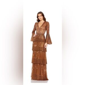NEW MAC DUGGAL Copper Embellished Bell Sleeve Tiered Gown – Size 16 – Style 5442